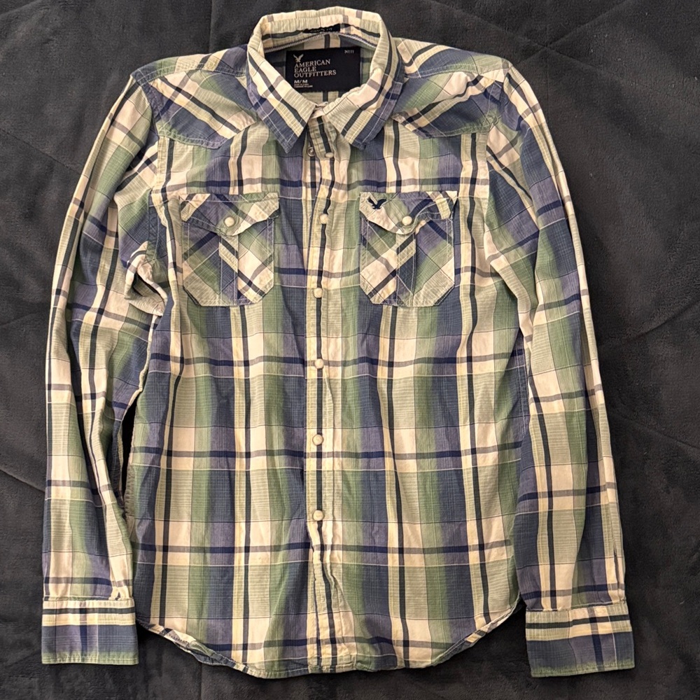 American Eagle Outfitters Men's Casual Plaid Shirt - Green and Cream